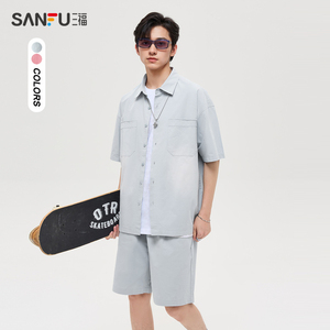 三福2024夏季男士复古怀旧套装 街头宽松短袖衬衫短裤男487675