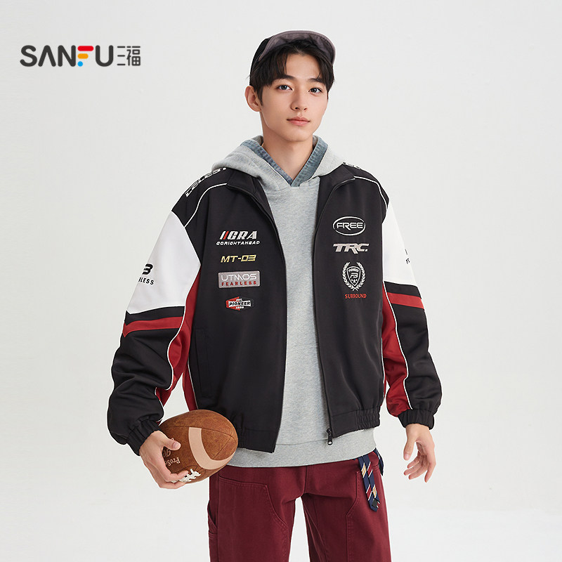 三福2026春季男士赛车元素印花夹克 复古运动风撞色外套518640,男装,夹克,淘宝优惠券,粉丝福利购,淘宝优惠卷