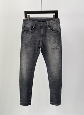 特惠Dartin Bonaparto 春夏logo字母烫钻漆点印花男士黑灰牛仔裤