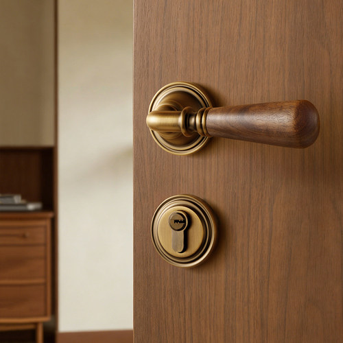 黄古铜色卧室门锁实木木质门把手