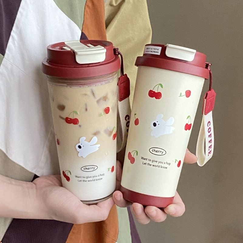 小红书同款夏季双饮红樱桃小狗杯便携大容量咖啡杯车载水杯随行杯