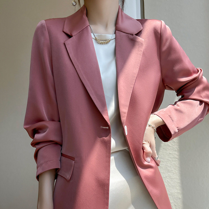 春夏季新款西装外套女细腻光泽西服休闲百搭垂感中长款2026小西装