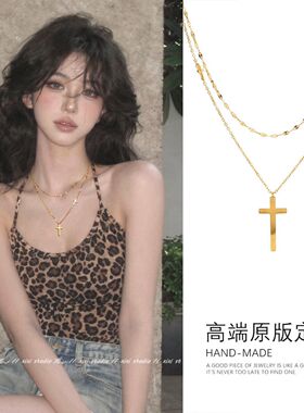 合金项链女港风金色十字架叠戴项链复古双层锁骨链日常百搭颈链