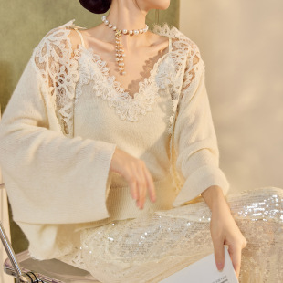 上衣性感V领吊带两件套N7055 轻奢蕾丝开衫 高端千金名媛风秋季 新款