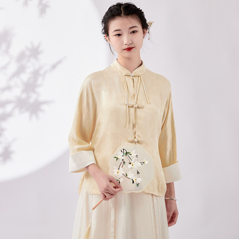 新中式春夏中国风女装复古立领七分袖人丝提花盘扣汉服女上衣衬衫