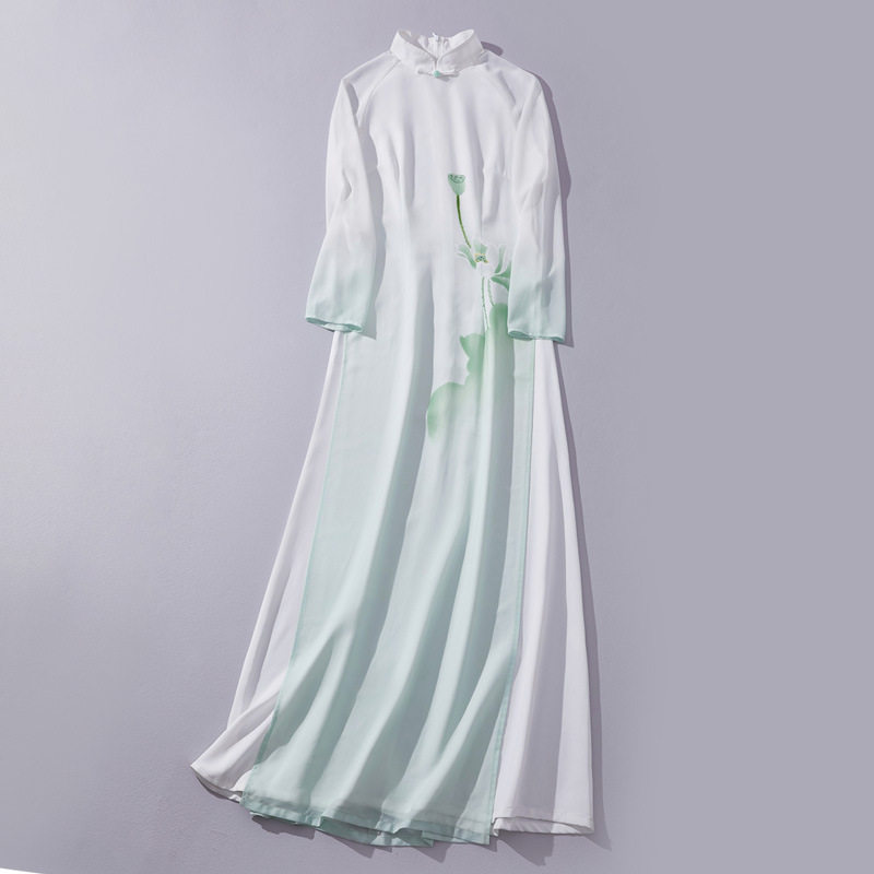 新中式中国风汉服女装复古奥黛旗袍裙修身长款珍珠纱禅服连衣裙