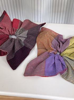 韩系格子文艺风车方巾发圈大肠圈女头绳发饰原创手作红紫色新款