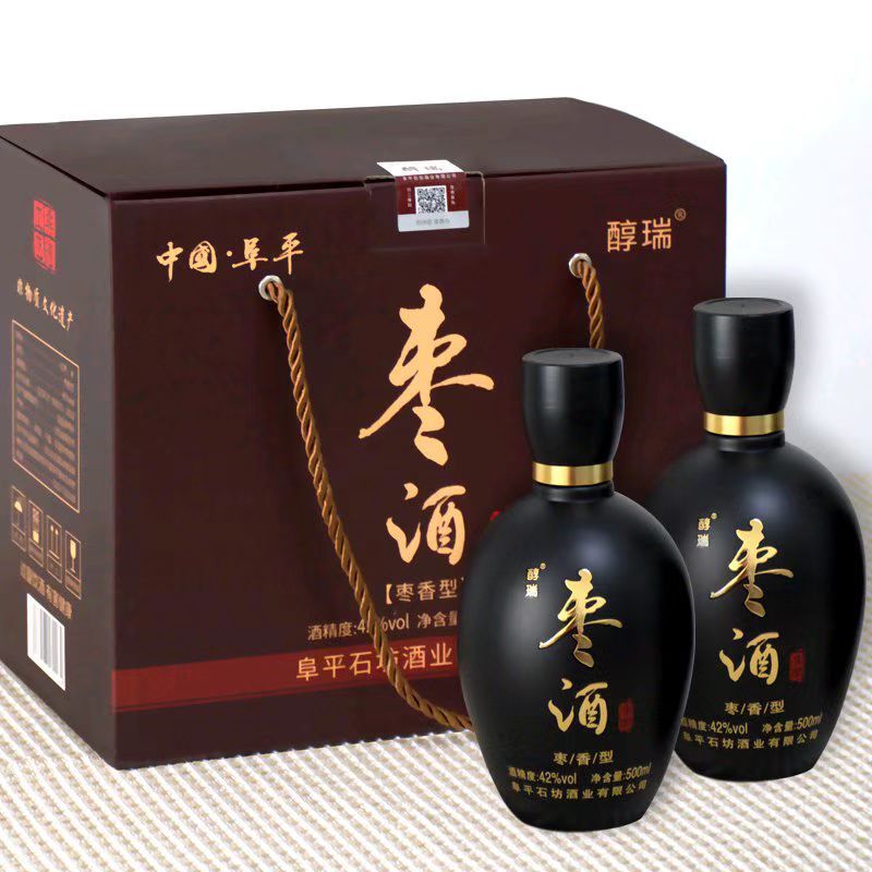 阜平特产42度枣酒醇瑞坊枣酒枣木杠酒红枣原浆酒礼盒装500mlx2瓶