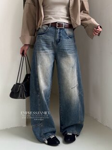 十三行EMPRESS经典复古水洗做旧牛仔裤女高腰显瘦宽松阔腿拖地裤
