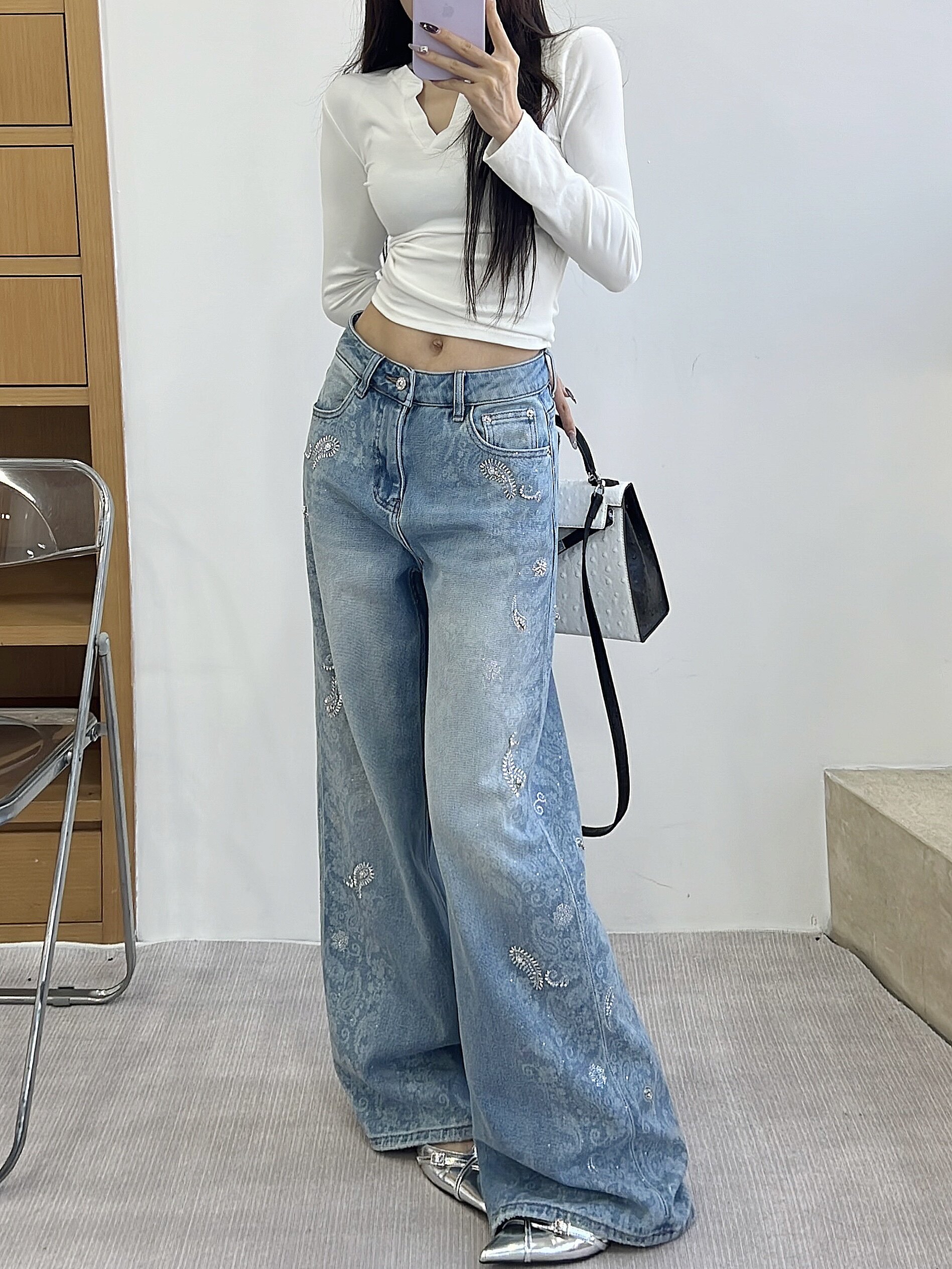 十三行欧货女装MK-MZ春季新款轻奢重工印花镶钻刺绣阔腿牛仔裤女