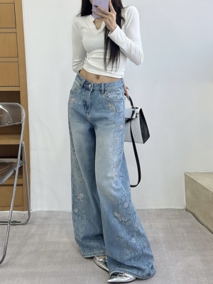 十三行欧货女装MK-MZ春季新款轻奢重工印花镶钻刺绣阔腿牛仔裤女