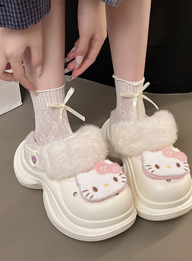 2025秋冬新款可爱猫头包头拖鞋女增高防滑居家室内外穿加绒洞洞鞋