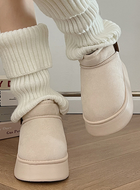 加绒短筒雪地靴女冬季纯白色简约厚底防滑保暖外穿靴子踩屎感棉鞋