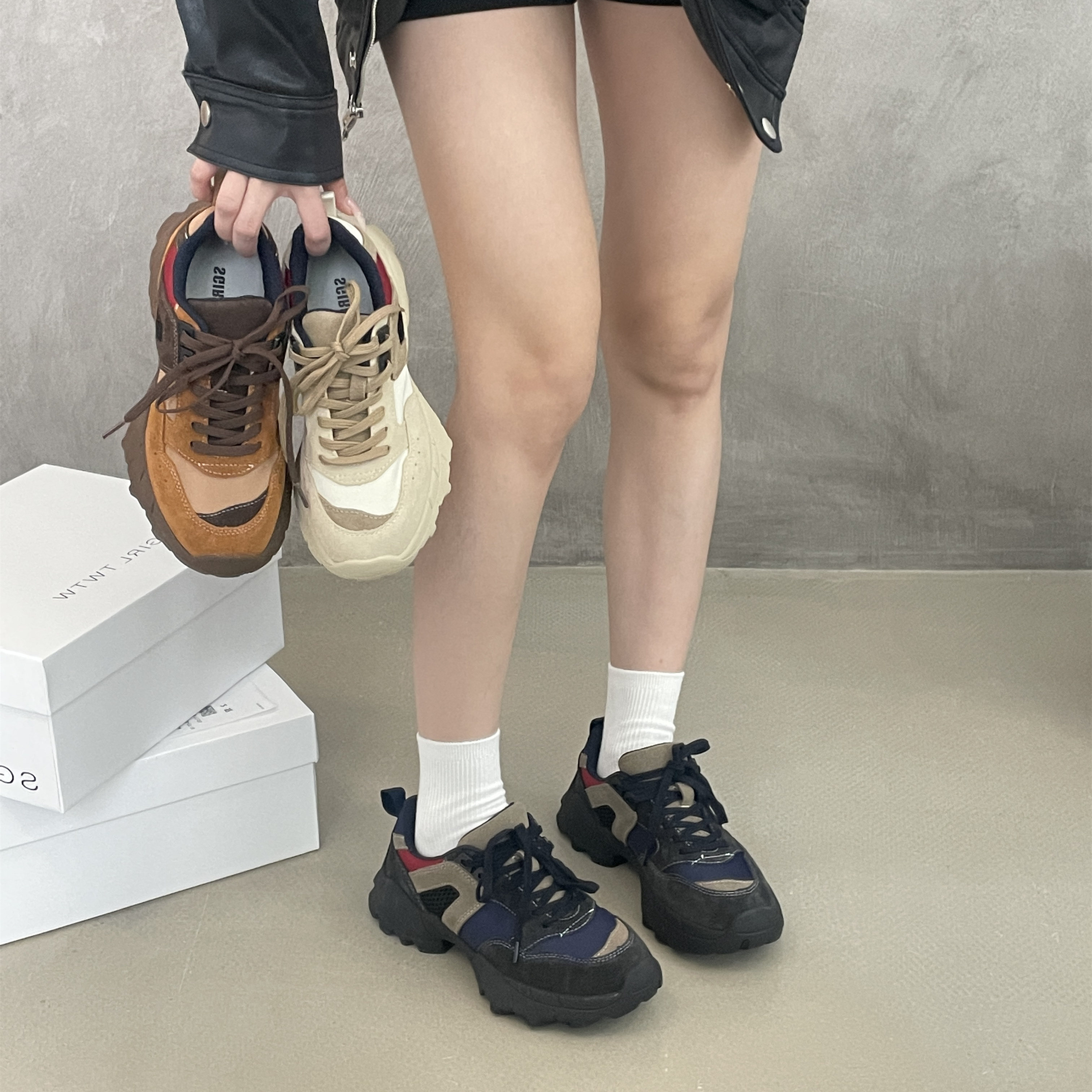 SGIRL TWTW复古风撞色厚底老爹鞋女秋季新款百搭透气休闲运动鞋潮