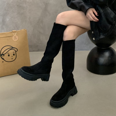 SGIRL TWTW韩版圆头不过膝长靴女百搭弹力瘦瘦靴时尚厚底高筒靴潮