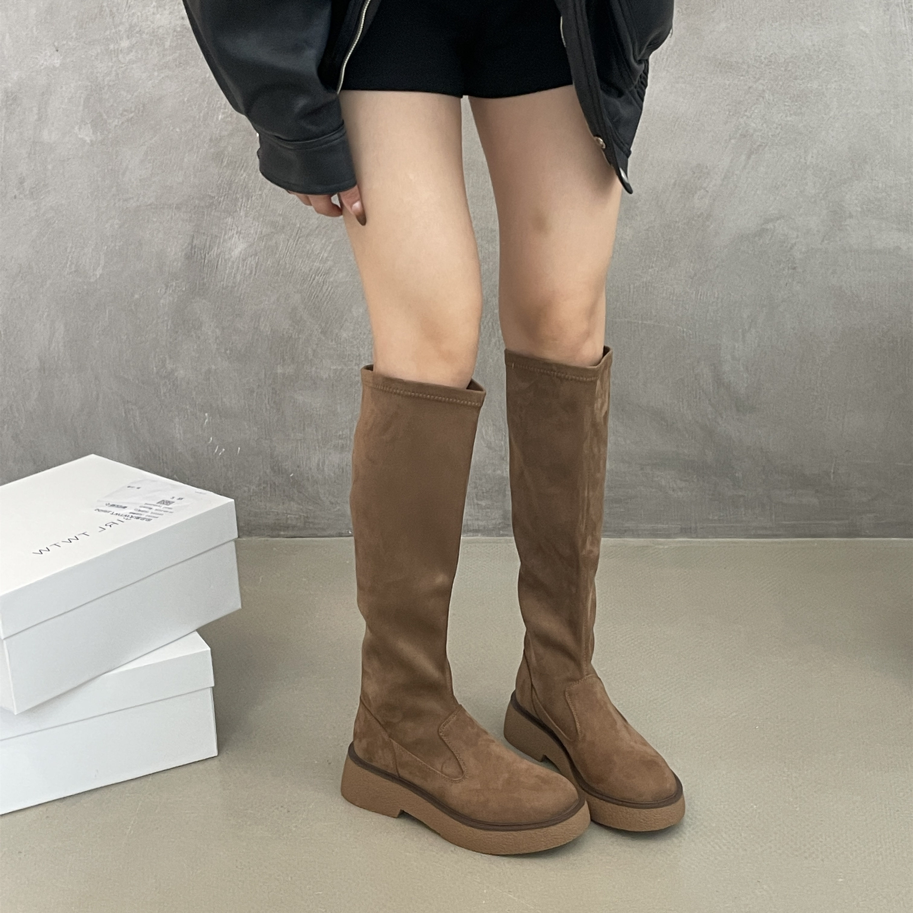 SGIRL TWTW复古不过膝长筒靴女2025秋冬新款显瘦弹力靴套筒骑士靴
