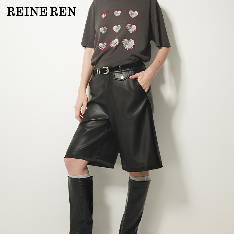 REINEREN任茜设计师款2025秋冬百搭黑色环保PU皮裤A型显瘦五分裤