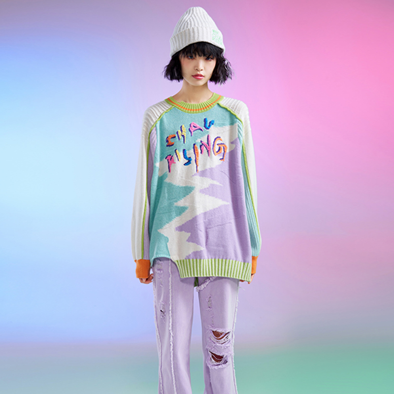 手工字母绣花不规则羊绒衫毛衣