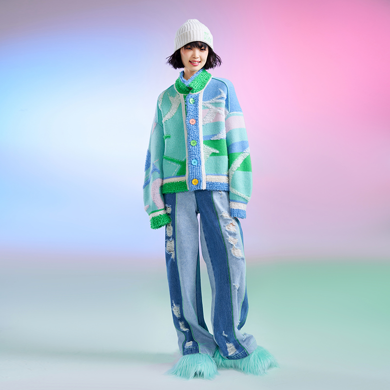 彩色纽扣宽松流苏羊毛短外套