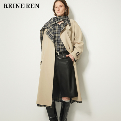 REINEREN设计师任茜2025秋新品双面穿卡其格纹立体剪裁衬衣长风衣