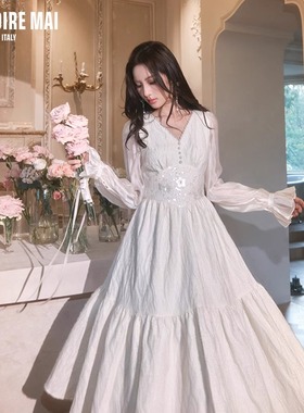 MAI DIRE MAI浪漫优雅气质珠链v领拼接亮片收腰长袖连衣裙女秋冬