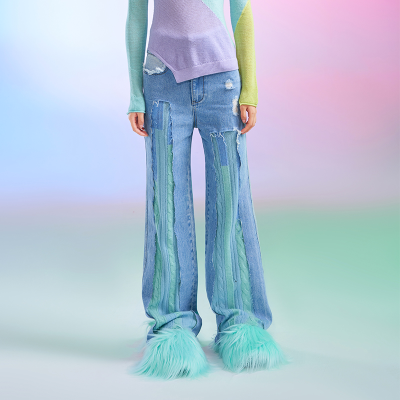 牛仔拼羊绒百搭直筒裤女长裤