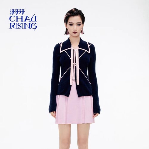CHAU.RISING/洲升2024秋季新款藏青色学院风飘带羊绒polo开衫上衣