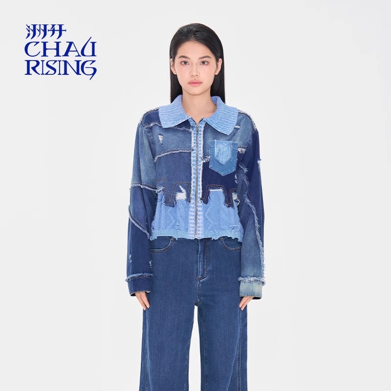 CHAU.RISING/洲升2025春季新款牛仔羊毛拼接短外套针织衫上衣女