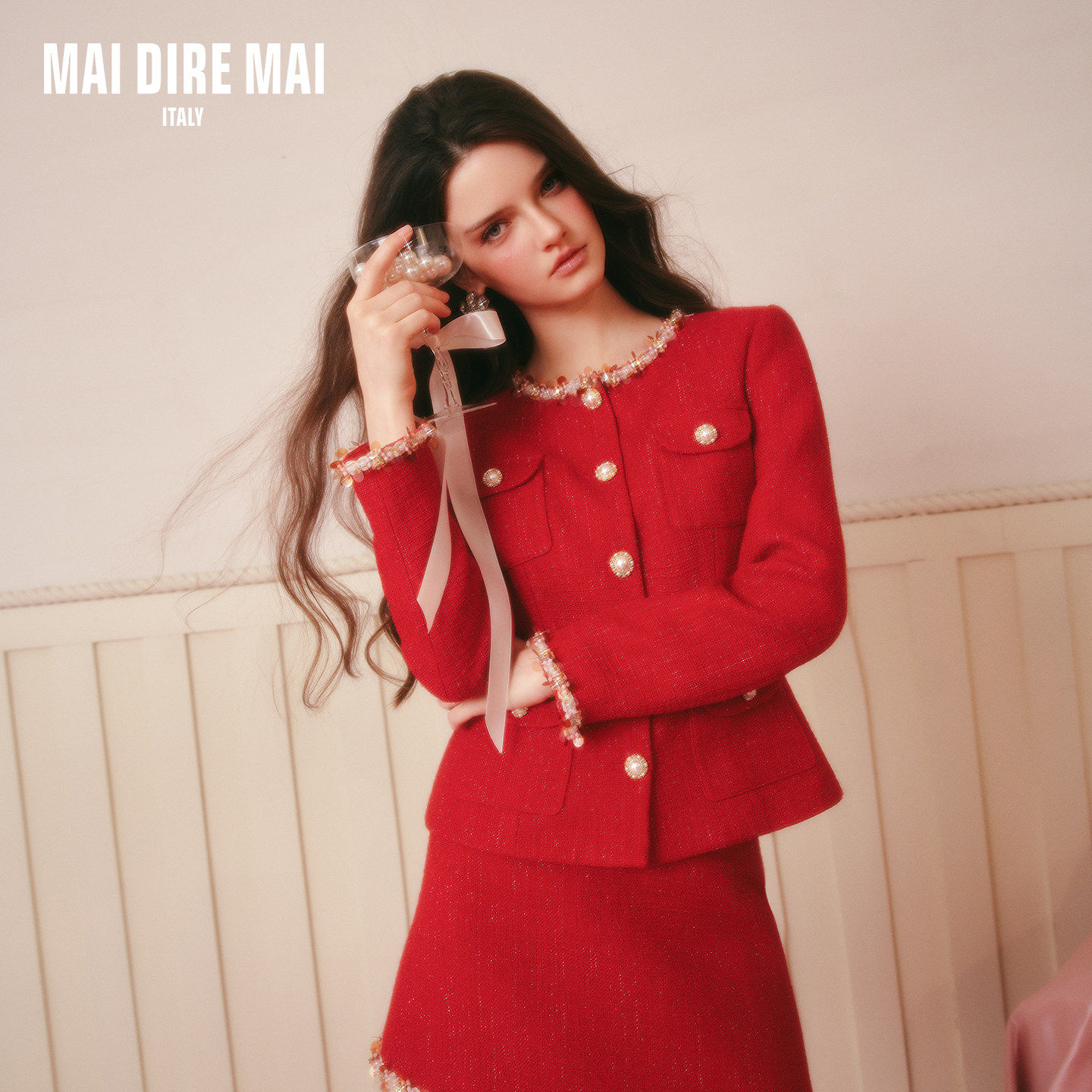 MAI DIRE MAI亮片珍珠收腰翘摆长袖羊毛新年外套高腰半裙套装女冬