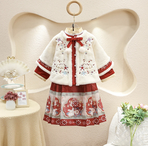 女童汉服秋冬季加绒加厚拜年服明制玉兔仙子马面裙套装中国风唐装