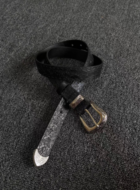 小心袖口 Vintage中古黑色压印针扣腰带日常简约男女皮带