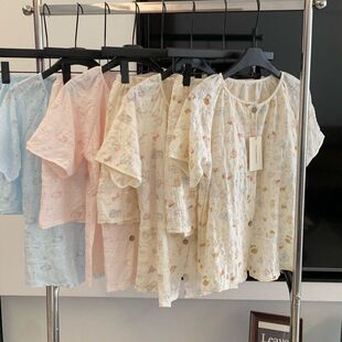 天丝棉夏日短袖套装自带胸垫少女卡通可爱奶油小狗圆领开衫家居服