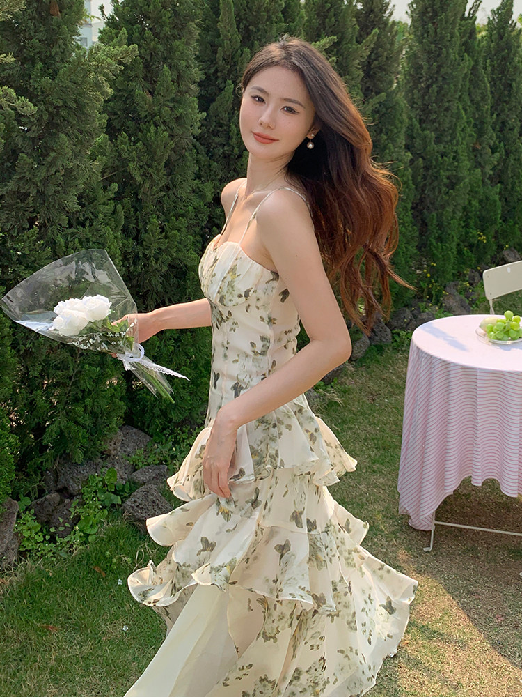 2023纯欲风优质雪纺夏季新款仙女吊带裙碎花长裙法式连衣裙女