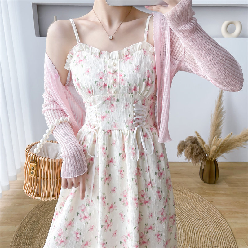 夏季短袖新款雪纺仙气姐妹连衣裙小清新吊带裙披肩裙子套装裙女