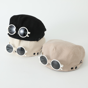 2025新款宝宝前进帽春秋韩版时尚男女童眼镜贝雷帽冬季儿童画家帽