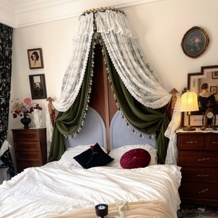 中古风床幔复古法式窗帘别墅绿色粉床幔高定丝绒轻奢主卧美式床帘