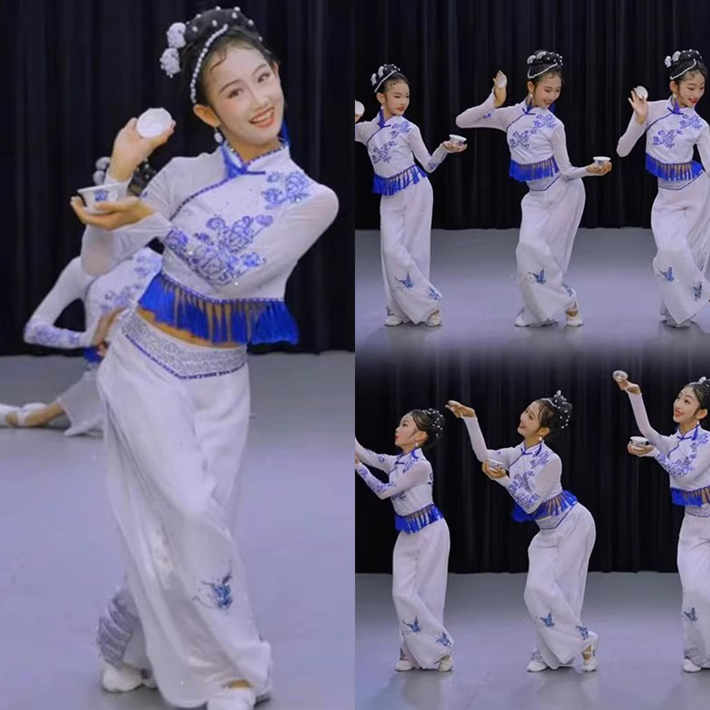 成都盖碗茶儿童演出服白盏茶妤表演服茶飘香古典舞青花瓷秧歌道具