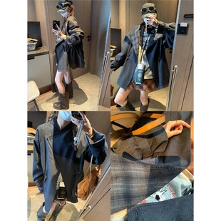 风衣外套 复古格纹拼接立领收腰显瘦西装 MQ0929 英伦高级感 摩且