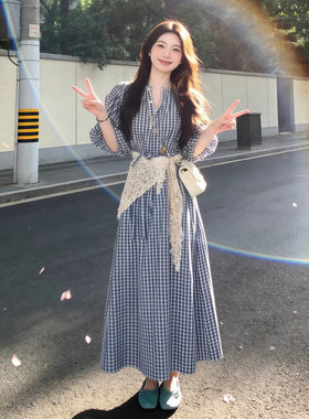 伊茉韩系泡泡袖甜美风蓝色格子连衣裙女夏高级感长款小个子仙女裙