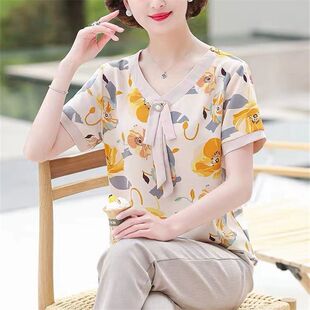 短袖t恤女妈妈夏装时尚气质新款中老年女人夏天洋气雪纺衫上衣潮