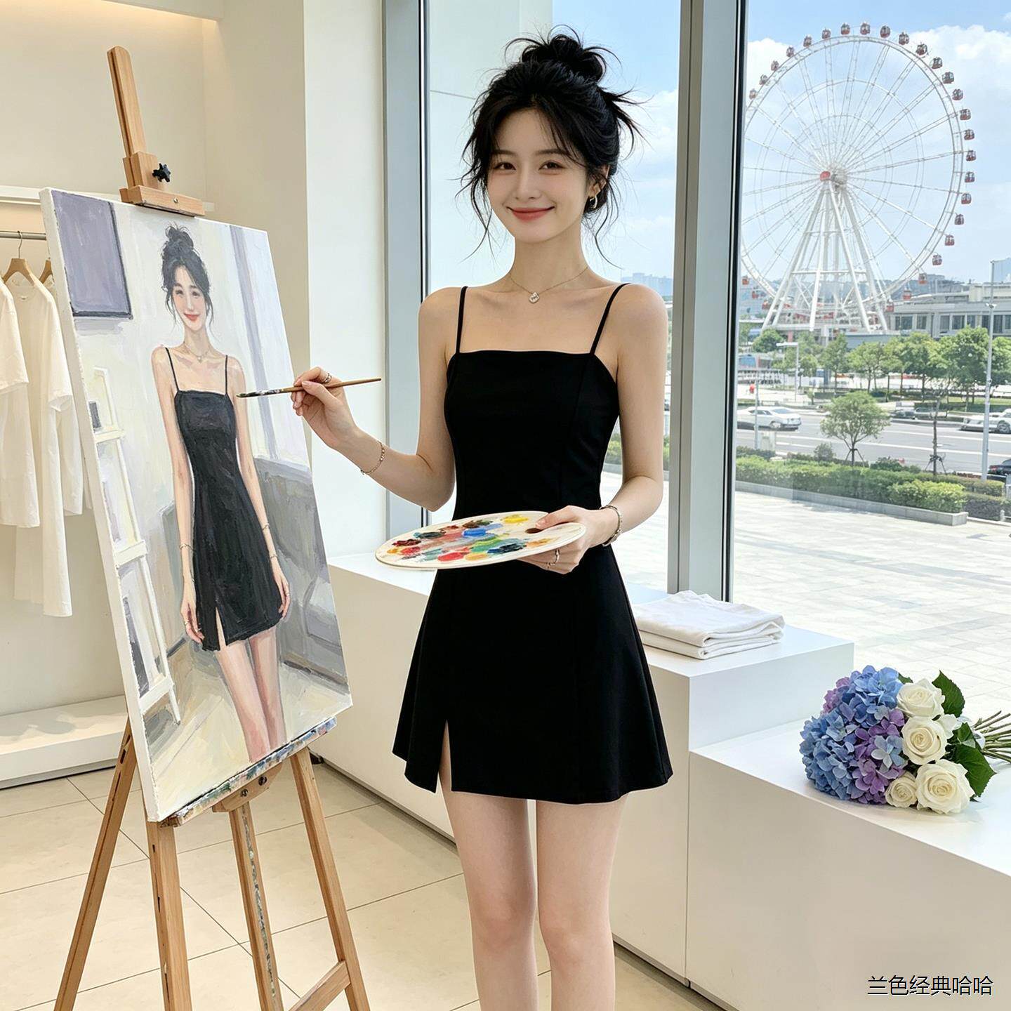 夏季黑色御姐轻熟绝美小裙修身女装夏款小黑裙短裙子吊带连衣裙