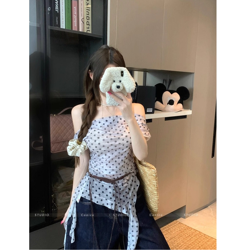 美式复古甜辣妹一字肩格子上衣女T恤