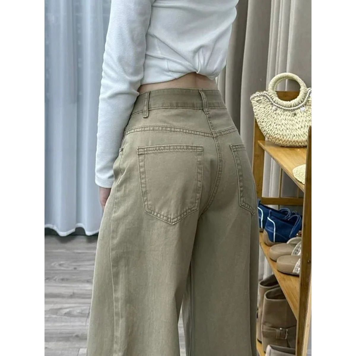 美式复古卡其色阔腿牛仔裤女春季新款高腰百搭宽松休闲拖地长裤子