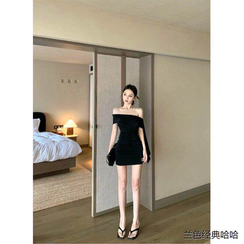 一字领飘带斜肩洋装女夏