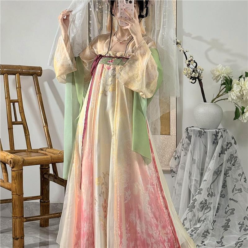 原创齐胸襦裙女雪纺渐变色绣花汉汉服套装