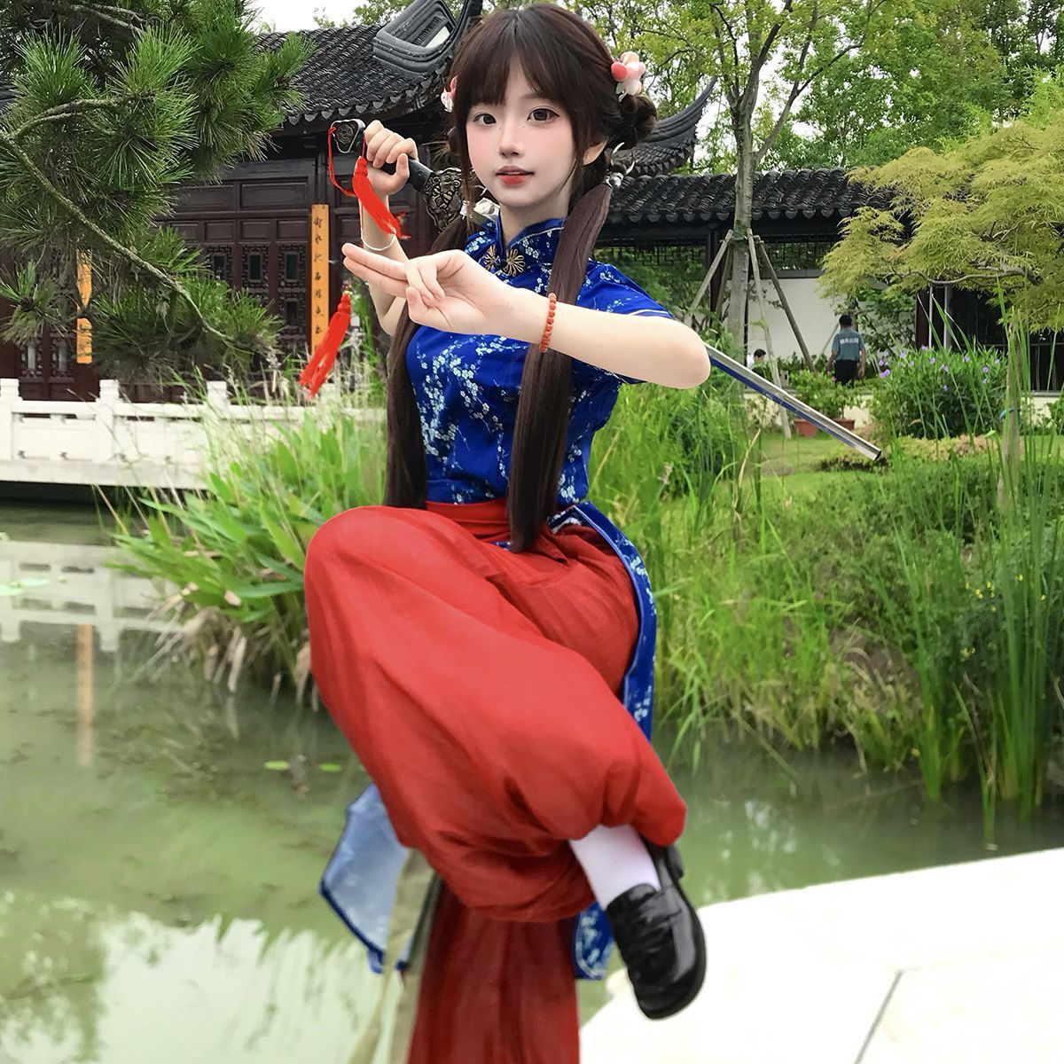 原创汉服女中华娘立领旗袍修身细腰灯笼裤腰封显瘦超仙春