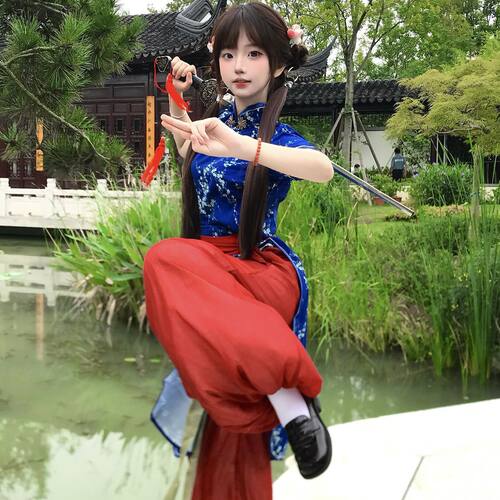 原创汉服女中华娘立领旗袍修身细腰灯笼裤腰封显瘦超仙春