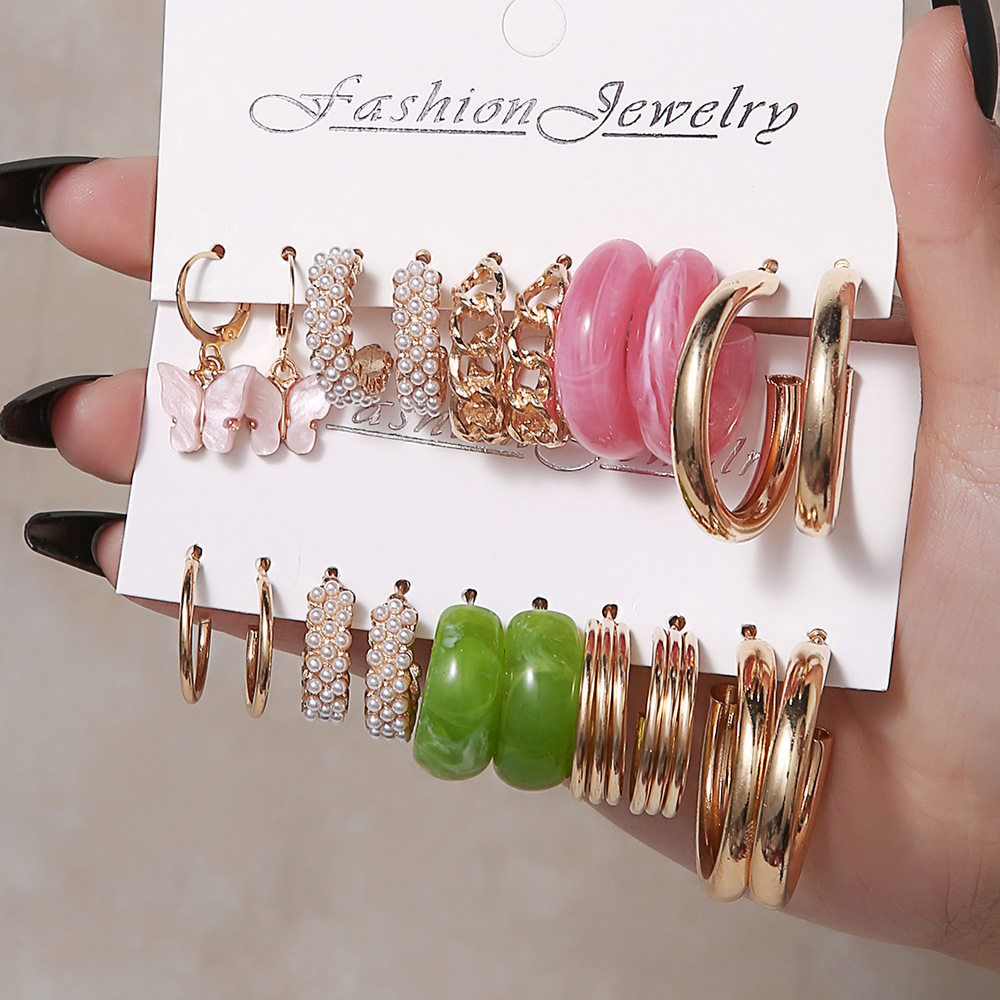 亚马逊跨境新品 彩色树脂C型蝴蝶吊坠耳环韩版甜美镶珍珠耳钉套装