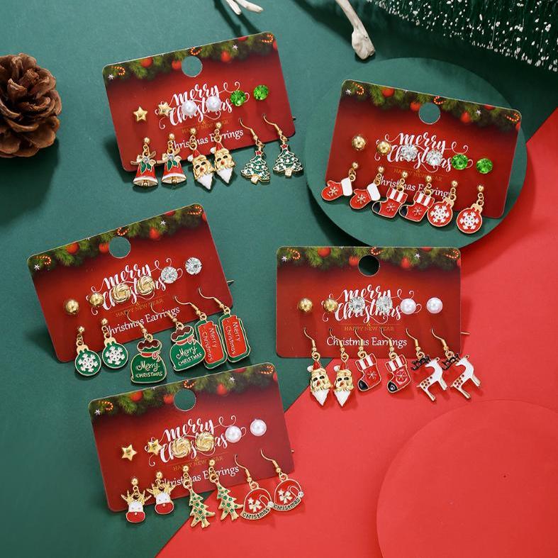 欧美圣诞饰品高级感圣诞节麋鹿圣诞雪花老人耳钉滴油耳饰套装组合