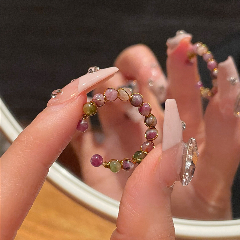 2023年新款碧玺串珠戒指女时尚个性小众设计感开口食指戒潮流